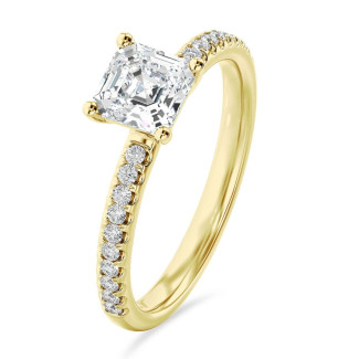 3.00 carat solitaire ring with a lab grown asscher cut diamond in yellow gold and lab grown side diamonds