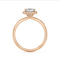 1.20 carat solitaire halo ring with a lab grown asscher cut diamond in red gold and round lab grown diamonds