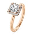3.00 carat solitaire halo ring with a lab grown asscher cut diamond in red gold and round lab grown diamonds