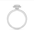 2.00 carat solitaire halo ring with a lab grown asscher cut diamond in white gold and round lab grown diamonds