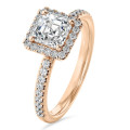 1.00 carat solitaire halo ring with a lab grown asscher cut diamond in red gold and round lab grown diamonds
