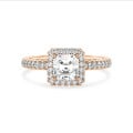 1.00 carat solitaire halo ring with a lab grown asscher cut diamond in red gold and round lab grown diamonds