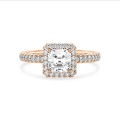 1.20 carat solitaire halo ring with a lab grown asscher cut diamond in red gold and round lab grown diamonds