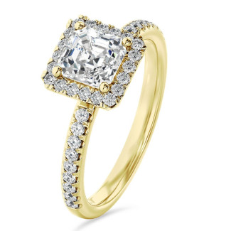 1.00 carat solitaire halo ring with a lab grown asscher cut diamond in yellow gold and round lab grown diamonds