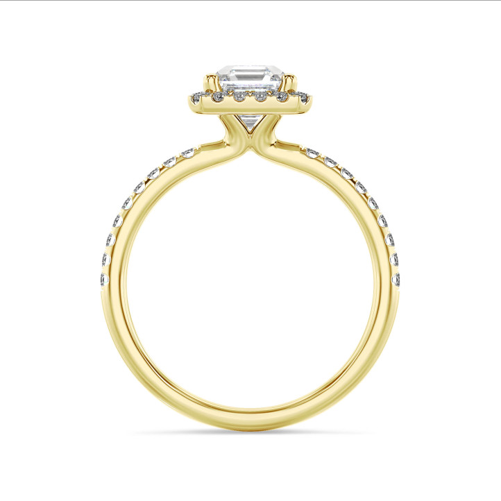 2.50 carat solitaire halo ring with a lab grown asscher cut diamond in yellow gold and round lab grown diamonds