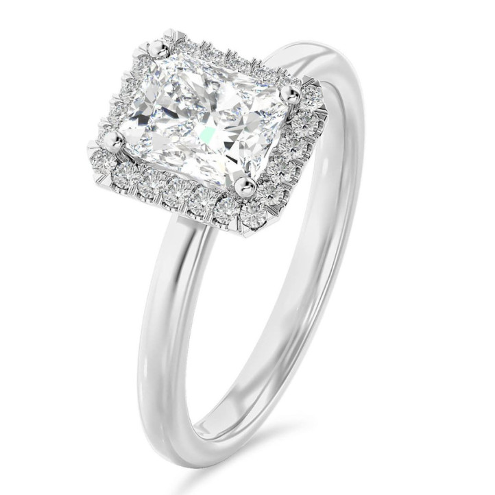 2.00 carat solitaire halo ring with a lab grown radiant cut diamond in white gold and round lab grown diamonds