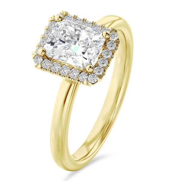 1.00 carat solitaire halo ring with a lab grown radiant cut diamond in yellow gold and round lab grown diamonds