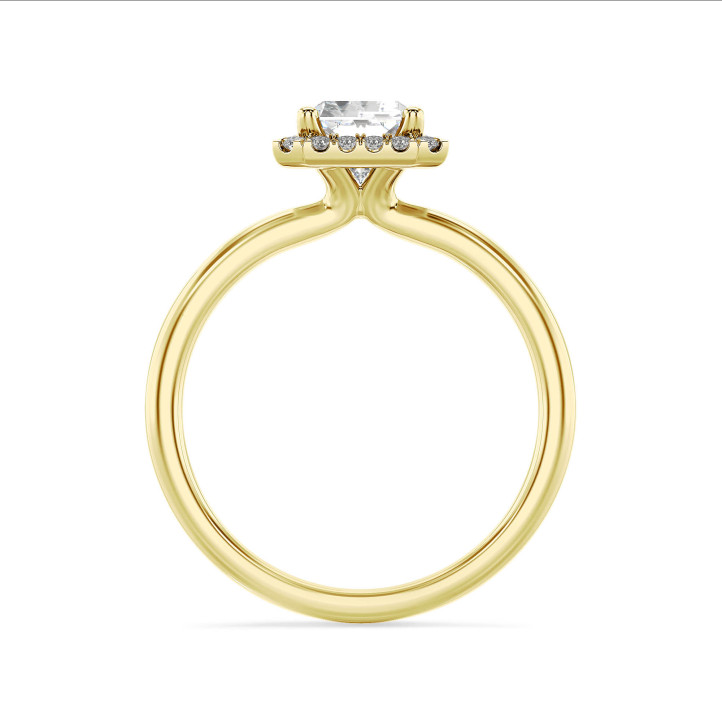 3.00 carat solitaire halo ring with a lab grown radiant cut diamond in yellow gold and round lab grown diamonds