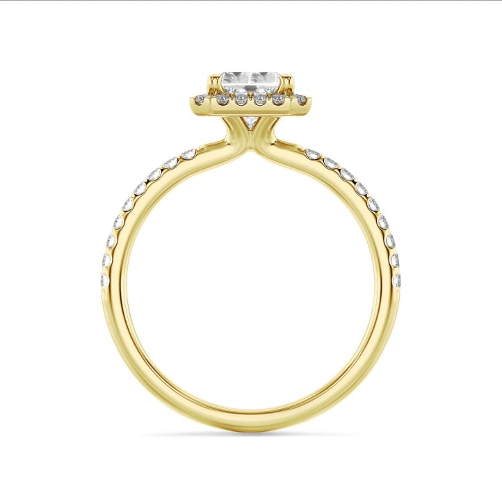 2.00 carat solitaire halo ring with a lab grown radiant cut diamond in yellow gold and round lab grown diamonds