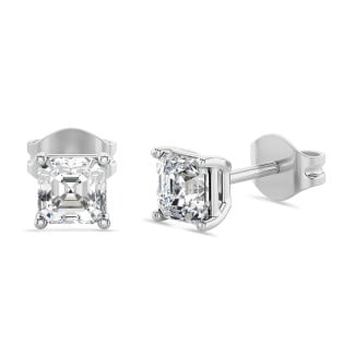 2.00 carat solitaire lab grown asscher cut diamond earrings in white gold