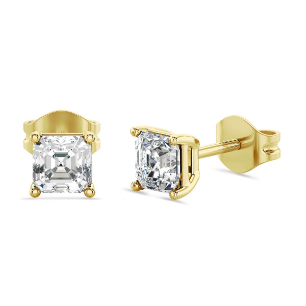 Earrings - 2.00 carat solitaire lab grown asscher cut diamond earrings in yellow gold