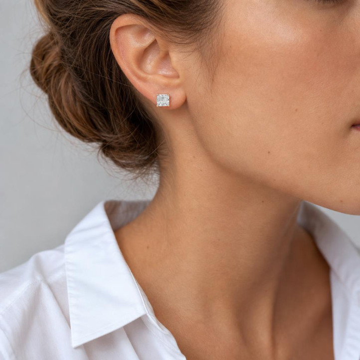 4.00 carat solitaire lab grown asscher cut diamond earrings in red gold