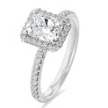 5.00 carat solitaire halo ring with a lab grown radiant cut diamond in white gold and round lab grown diamonds