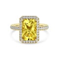 3.00 carat solitaire halo ring with a yellow lab grown radiant cut diamond in yellow gold