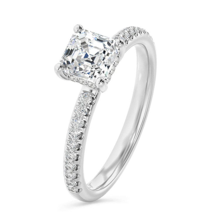 1.50 carat solitaire ring with a lab grown asscher cut diamond and hidden halo in white gold