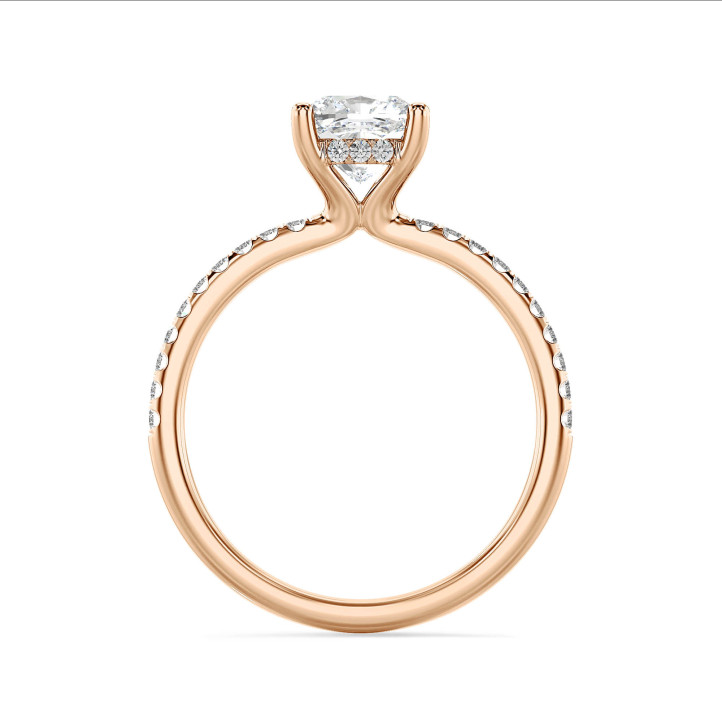 1.20 carat solitaire ring with a lab grown cushion diamond and hidden halo in red gold