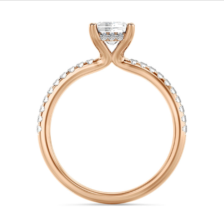 1.50 carat solitaire ring with a lab grown emerald cut diamond and hidden halo in red gold