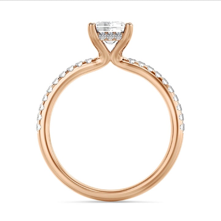 2.00 carat solitaire ring with a lab grown emerald cut diamond and hidden halo in red gold