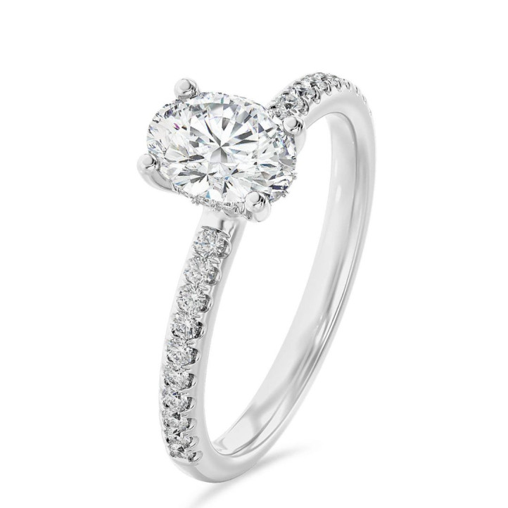 1.50 carat solitaire ring with lab grown oval diamond and hidden halo in white gold