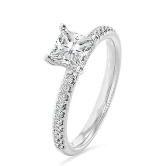 2.50 carat solitaire ring with a lab grown princess diamond and hidden halo in white gold
