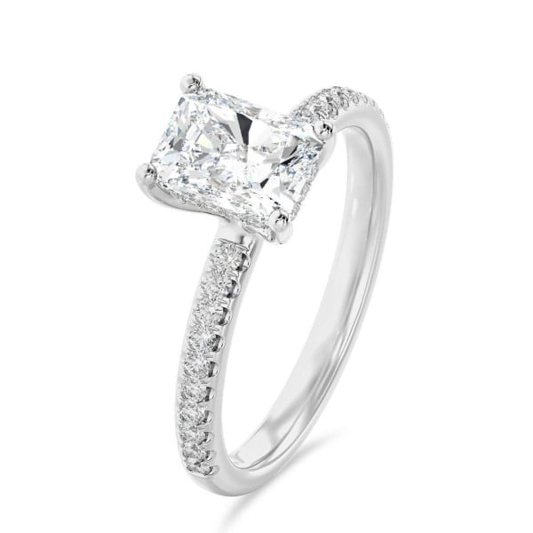 2.00 carat solitaire ring with a lab grown radiant cut diamond and hidden halo in white gold