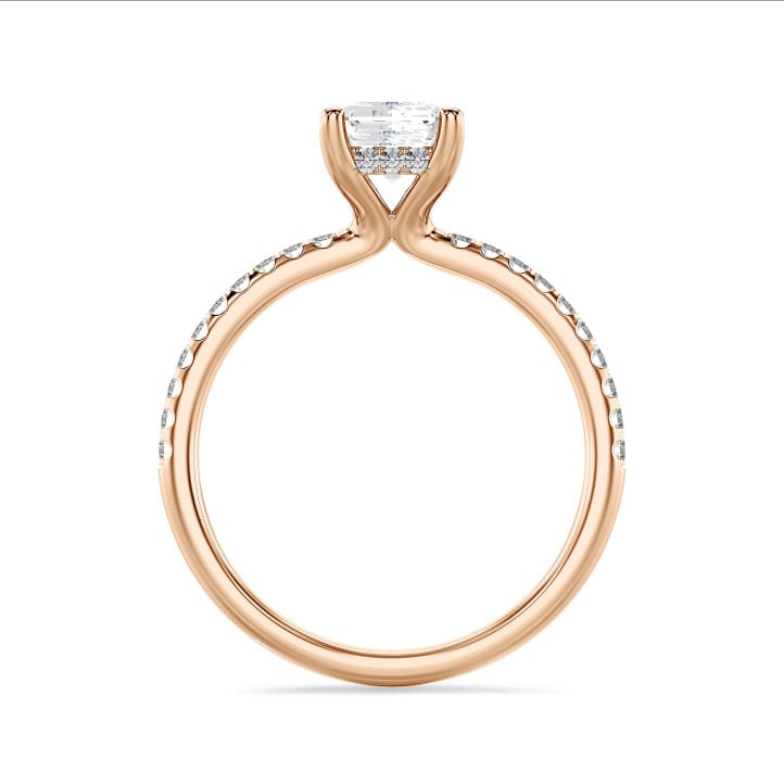 2.50 carat solitaire ring with a lab grown radiant cut diamond and hidden halo in red gold