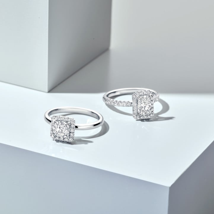 1.00 carat solitaire halo ring with a lab grown asscher cut diamond in white gold and round lab grown diamonds