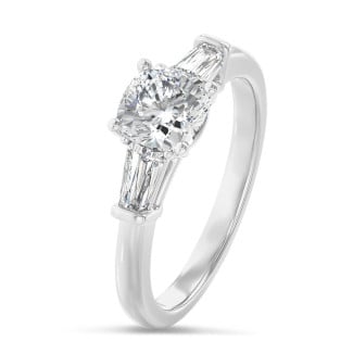 2.00 carat trilogy ring in white gold with a lab grown cushion diamond and lab grown tapered baguettes