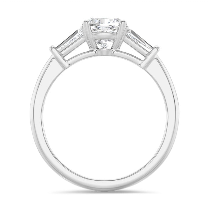 2.00 carat trilogy ring in platinum with a lab grown cushion diamond and lab grown tapered baguettes