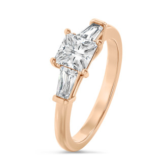 2.00 carat trilogy ring in red gold with a lab grown princess diamond and lab grown tapered baguettes
