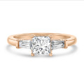 2.00 carat trilogy ring in red gold with a lab grown princess diamond and lab grown tapered baguettes