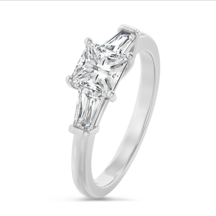 2.00 carat trilogy ring in platinum with a lab grown princess diamond and lab grown tapered baguettes