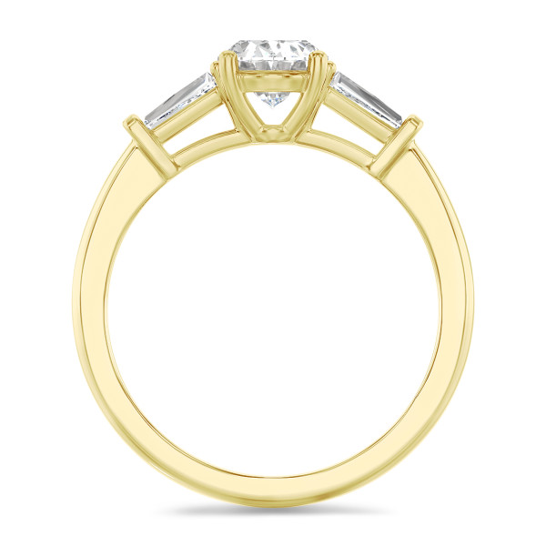 2.00 carat trilogy ring in yellow gold with lab grown oval diamond and lab grown tapered baguettes