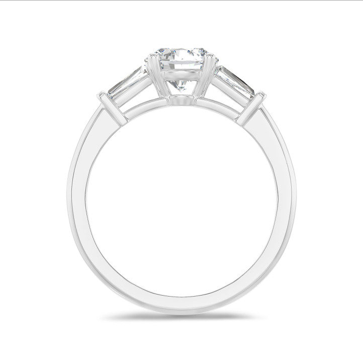 2.00 carat trilogy ring in white gold with round lab grown diamond and lab grown tapered baguettes