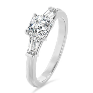 2.00 carat trilogy ring in white gold with a lab grown asscher cut diamond and lab grown tapered baguettes