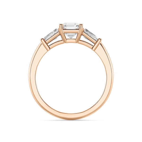 Search all PLP - 2.00 carat trilogy ring in red gold with a lab grown asscher cut diamond and lab grown tapered baguettes