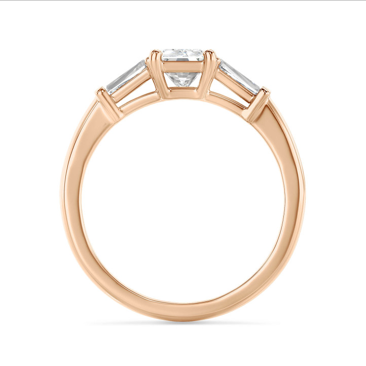 2.00 carat trilogy ring in red gold with a lab grown radiant cut diamond and lab gown tapered baguettes