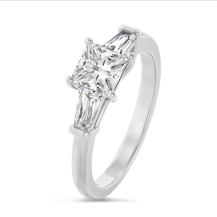 3.00 carat trilogy ring in white gold with a lab grown princess diamond and lab grown tapered baguettes