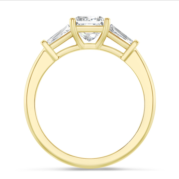 3.00 carat trilogy ring in yellow gold with a lab grown princess diamond and lab grown tapered baguettes
