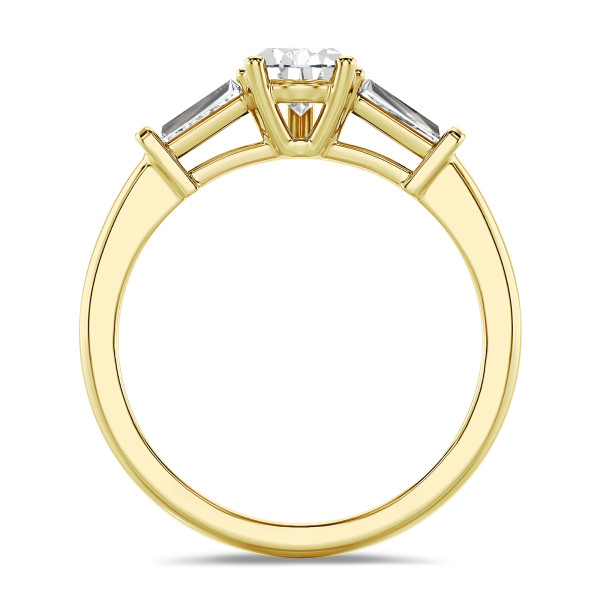 3.00 carat trilogy ring in yellow gold with lab grown pear diamond and lab grown tapered baguettes