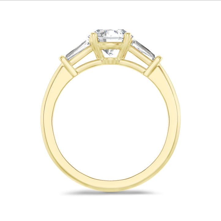 3.00 carat trilogy ring in yellow gold with round lab grown diamond and lab grown tapered baguettes