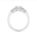 3.00 carat trilogy ring in platinum with a lab grown asscher cut diamond and lab grown tapered baguettes