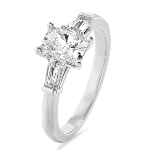 Search all PLP - 3.00 carat trilogy ring in platinum with a lab grown radiant cut diamond and lab gown tapered baguettes
