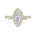 2.00 carat solitaire halo ring with lab grown marquise diamond in yellow gold with round lab grown diamonds