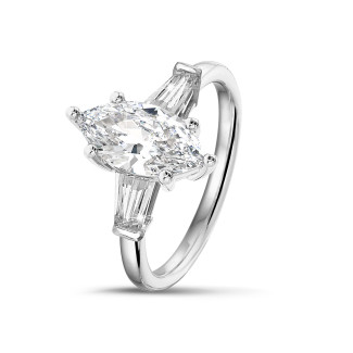 2.00 carat trilogy ring in white gold with lab grown marquise diamond and lab grown tapered baguettes