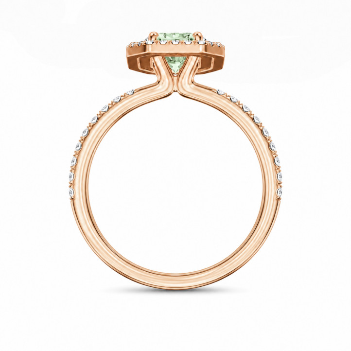1.20 carat double halo ring with a lab grown Fancy-Vivid Green radiant cut diamond in red gold