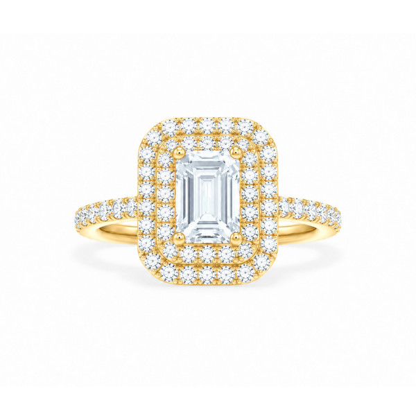 Bespoke emerald cut diamond ring with a double halo