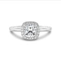 1.00 quilates halo anillo solitario diamante cojín cultivado en laboratorio en oro blanco con diamantes redondos cultivados en laboratorio