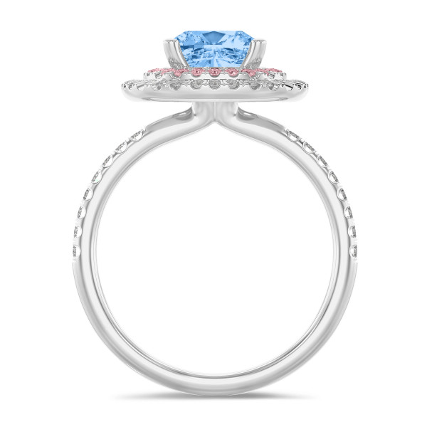 Anillos de compromiso - 1.50 quilates anillo solitario halo doble (rosa-blanco) con un diamante cojín cultivado en laboratorio azul en oro blanco y diamantes laterales cultivados en laboratorio