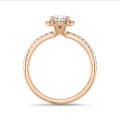 1.00 quilates halo anillo solitario en oro rojo con diamante pera cultivado en laboratorio con diamantes redondos cultivados en laboratorio
